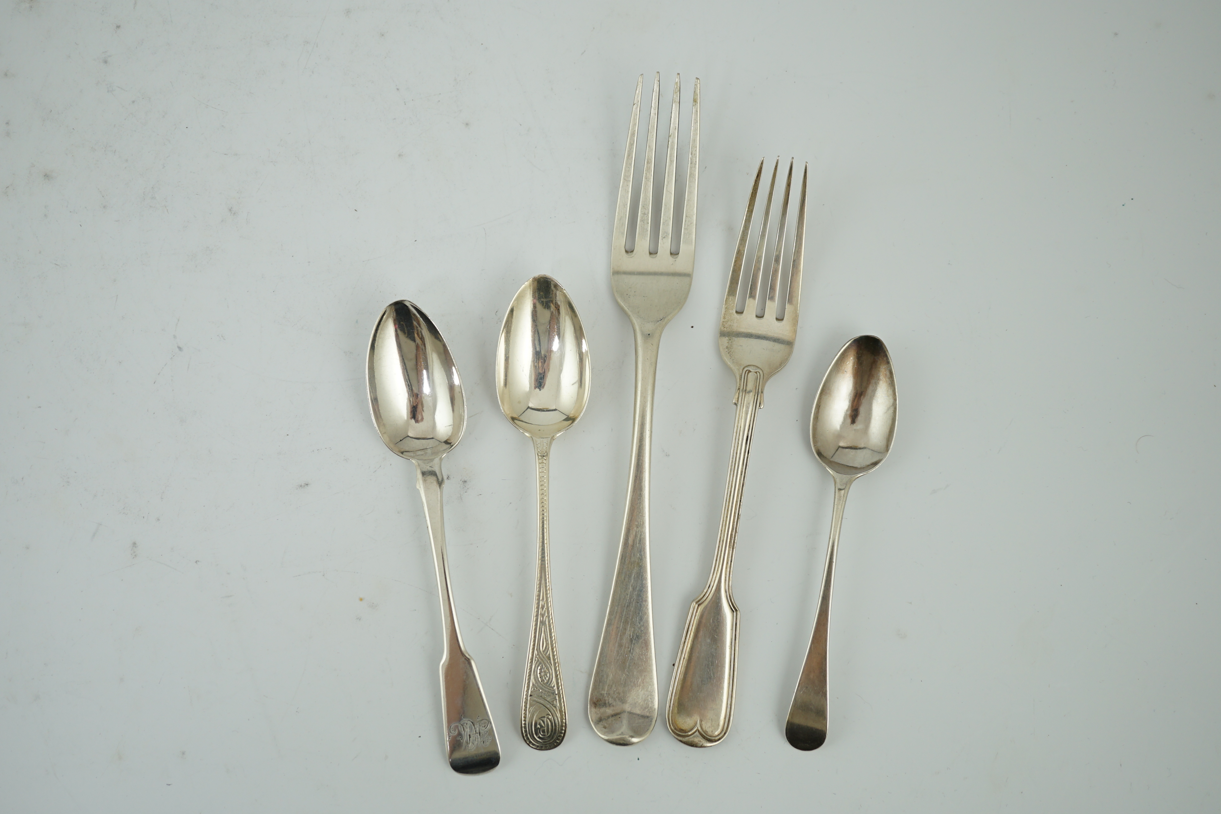 A collection of assorted mainly 19th century silver table and dessert forks, various dates, makers and patterns including a set of six table forks by Eley & Fearn, London, 1802 and a similar collection of assorted silver